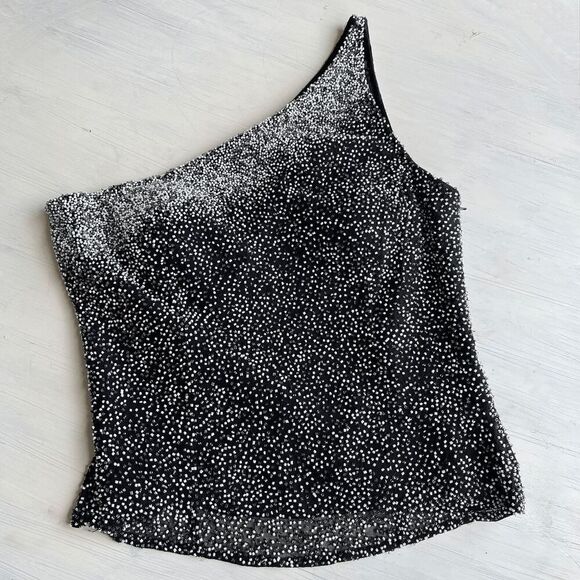 VTG Scala Beaded Silk One Shoulder Asymmetrical Top Black Silver M - Picture 2 of 16